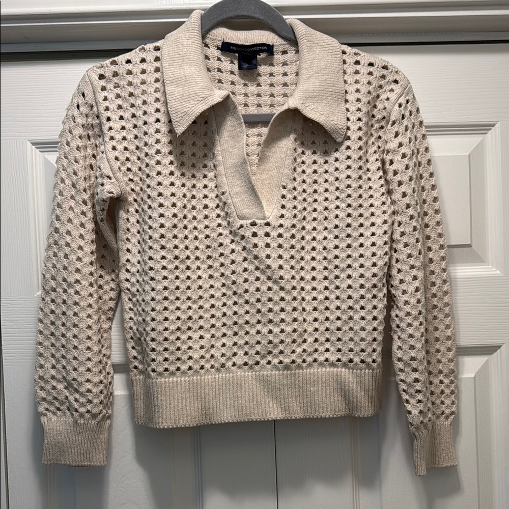 French Connection Cream V-Neck Sweater with Ribbed Trim